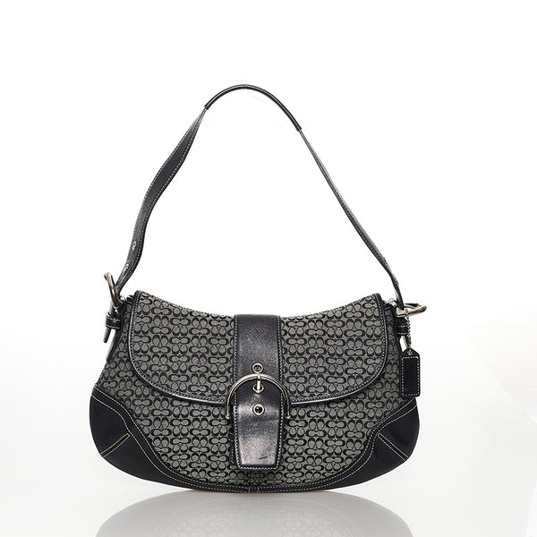 コーチ シグネチャー グレー ブラック キャンバス レザー ショルダーバッグ レディース COACH 【中古】