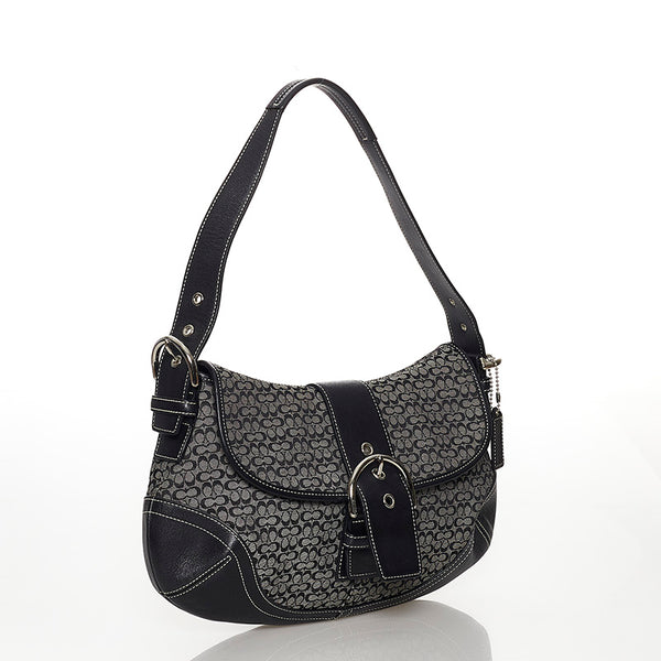 コーチ シグネチャー グレー ブラック キャンバス レザー ショルダーバッグ レディース COACH 【中古】