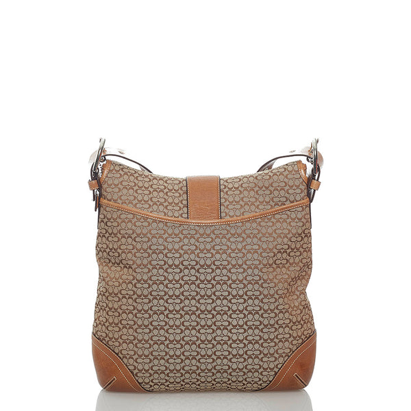 コーチ シグネチャー 斜め掛け ショルダーバッグ ブラウン キャンバス レザー レディース COACH 【中古】