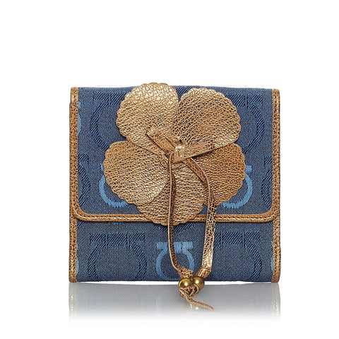 サルヴァトーレフェラガモ ガンチーニ フラワー 二つ折り財布 ブルー ゴールド キャンバス レザー レディース Salvatore Ferragamo 【中古】