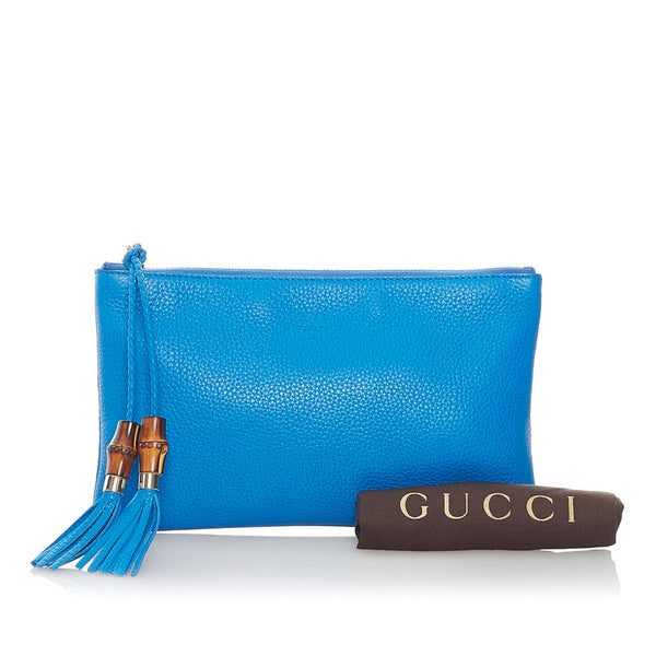 グッチ バンブー タッセル ポーチ 376854 ブルー レザー レディース GUCCI 【中古】