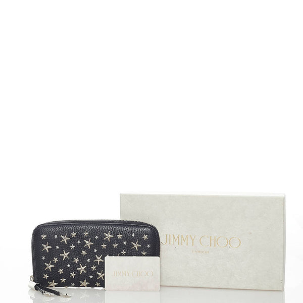 ジミーチュウ 星 スター スタッズ ラウンドファスナー 長財布 ブラック レザー レディース JIMMY CHOO 【中古】