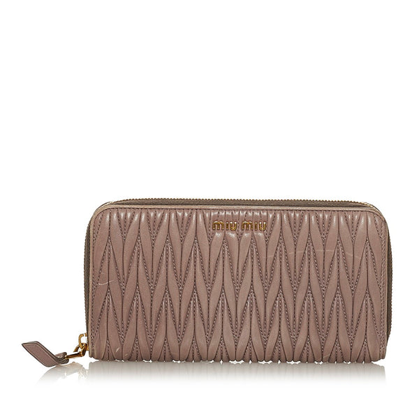 ミュウミュウ マテラッセ グレーベージュ レザー ラウンドファスナー 長財布 レディース MIUMIU 【中古】