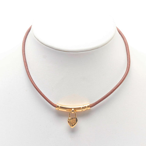 エルメス ヴィヴィリデ ハート カデナ  チョーカー ネックレス ブラウン ゴールド レザー レディース HERMES 【中古】