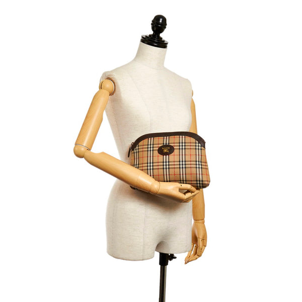 バーバリー ノバチェック ベージュ キャンバス レザー ポーチ レディース BURBERRY 【中古】