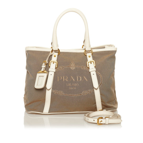 プラダ ロゴジャガード ショルダーバッグ トートバッグ 2WAY ベージュ ホワイト キャンバス レザー レディース PRADA 【中古】