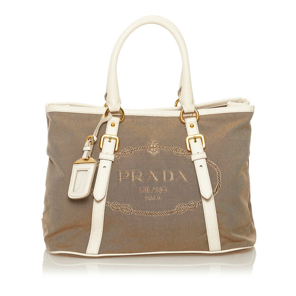 プラダ ロゴジャガード ショルダーバッグ トートバッグ 2WAY ベージュ ホワイト キャンバス レザー レディース PRADA 【中古】