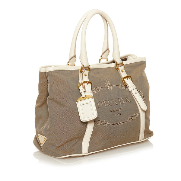 プラダ ロゴジャガード ショルダーバッグ トートバッグ 2WAY ベージュ ホワイト キャンバス レザー レディース PRADA 【中古】