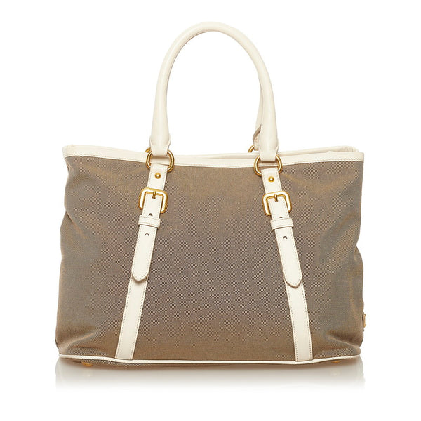 プラダ ロゴジャガード ショルダーバッグ トートバッグ 2WAY ベージュ ホワイト キャンバス レザー レディース PRADA 【中古】