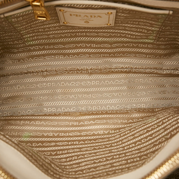 プラダ ロゴジャガード ショルダーバッグ トートバッグ 2WAY ベージュ ホワイト キャンバス レザー レディース PRADA 【中古】