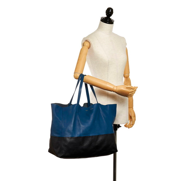セリーヌ ホリゾンタルカバ ブルー ブラック レザー トートバッグ レディース CELINE 【中古】