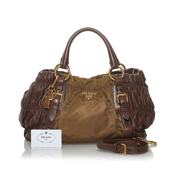 プラダ ギャザー ハンドバッグ ショルダーバッグ 2WAY BN1791 カーキ ブラウン ナイロン レザー  PRADA 【中古】