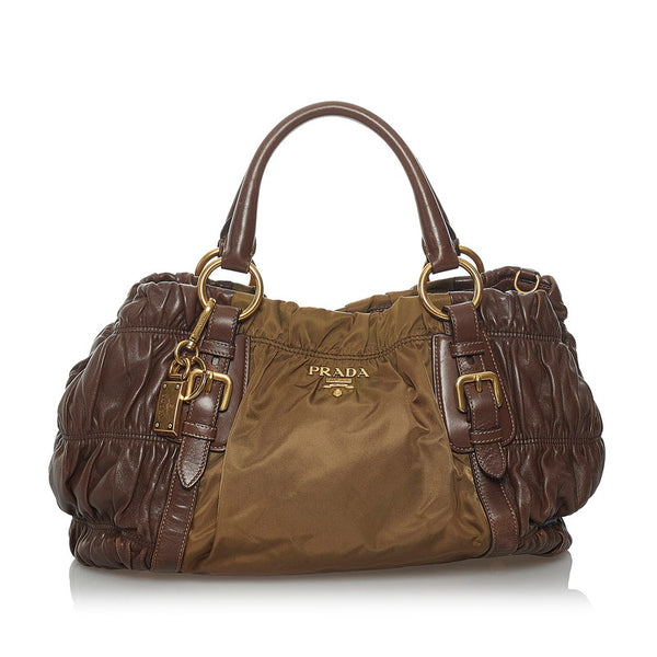 プラダ ギャザー ハンドバッグ ショルダーバッグ 2WAY BN1791 カーキ ブラウン ナイロン レザー  PRADA 【中古】