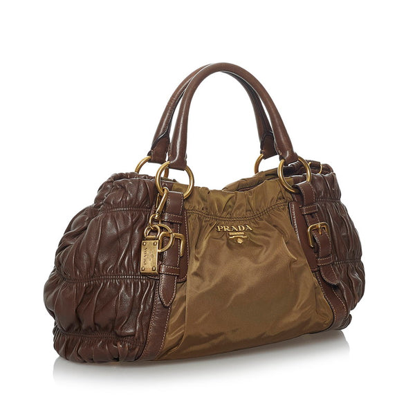 プラダ ギャザー ハンドバッグ ショルダーバッグ 2WAY BN1791 カーキ ブラウン ナイロン レザー  PRADA 【中古】