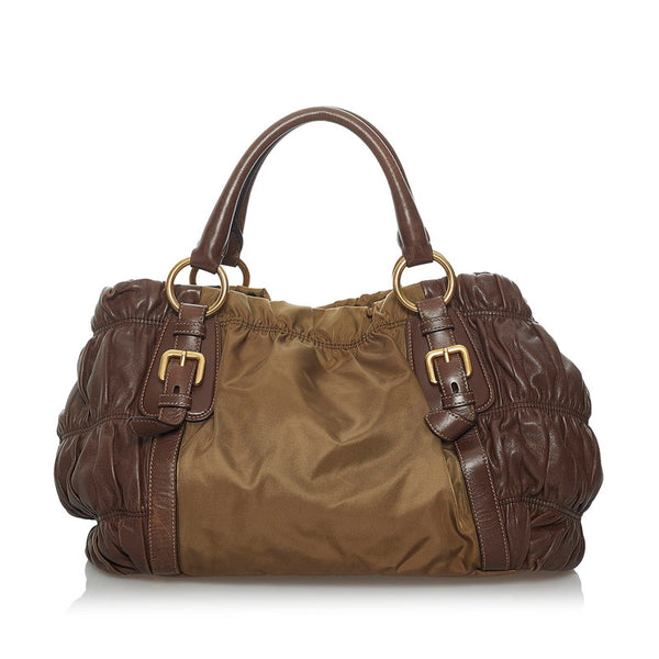 プラダ ギャザー ハンドバッグ ショルダーバッグ 2WAY BN1791 カーキ ブラウン ナイロン レザー  PRADA 【中古】