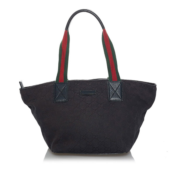 グッチ GGキャンバス シェリーライン ハンドバッグ トートバッグ 131228 ブラック キャンバス レザー レディース GUCCI 【中古】