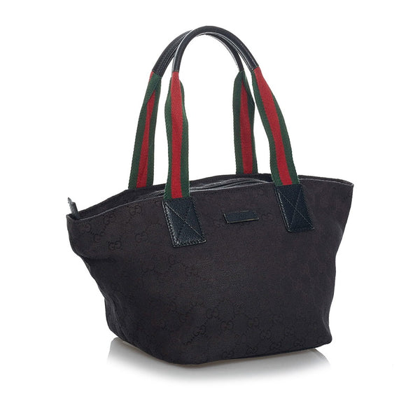 グッチ GGキャンバス シェリーライン ハンドバッグ トートバッグ 131228 ブラック キャンバス レザー レディース GUCCI 【中古】