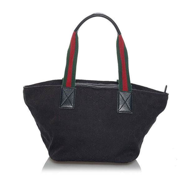 グッチ GGキャンバス シェリーライン ハンドバッグ トートバッグ 131228 ブラック キャンバス レザー レディース GUCCI 【中古】