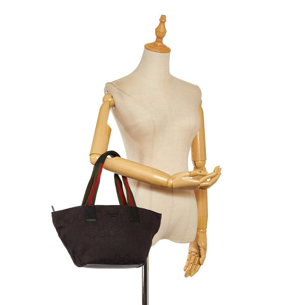 グッチ GGキャンバス シェリーライン ハンドバッグ トートバッグ 131228 ブラック キャンバス レザー レディース GUCCI 【中古】