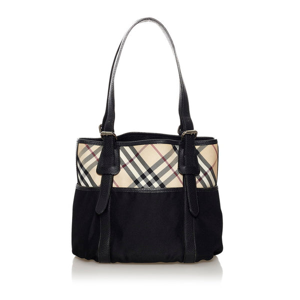 バーバリー ノバチェック ハンドバッグ ベージュ ブラック キャンバス レザー レディース BURBERRY 【中古】