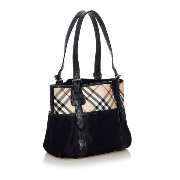 バーバリー ノバチェック ハンドバッグ ベージュ ブラック キャンバス レザー レディース BURBERRY 【中古】