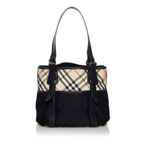 バーバリー ノバチェック ハンドバッグ ベージュ ブラック キャンバス レザー レディース BURBERRY 【中古】