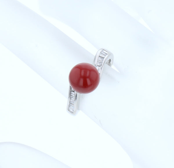Pt900 プラチナ 赤珊瑚8mm ダイヤ0.22ct リング 指輪 レディース 9号 中古