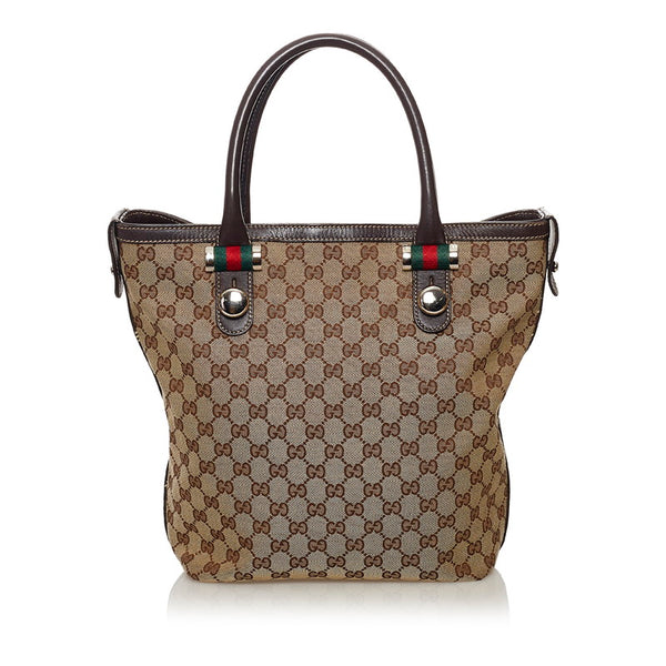 グッチ GGキャンバス シェリー トートバッグ ブラウン キャンバス レザー レディース GUCCI 【中古】