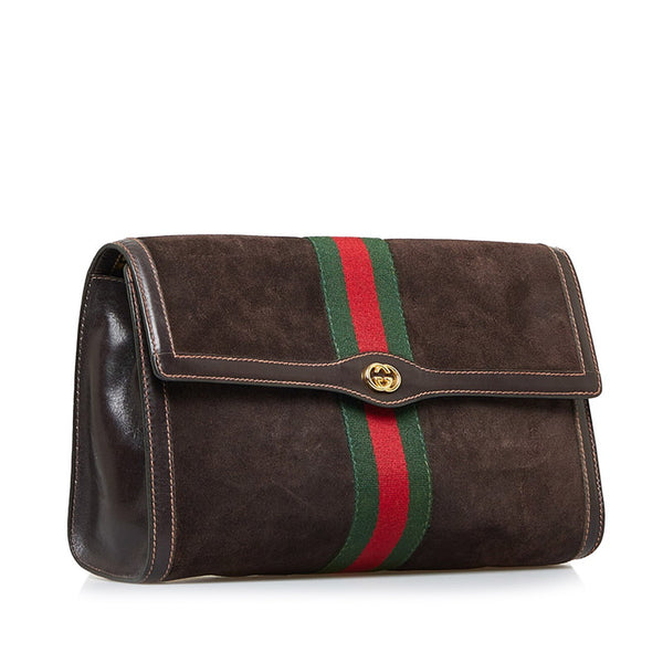 グッチ シェリーライン セカンドバッグ クラッチバッグ ブラウン スウェード レザー レディース GUCCI 【中古】