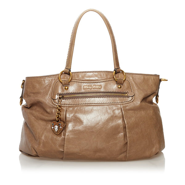 ミュウミュウ スタッズ トートバッグ ベージュ レザー レディース MIUMIU 【中古】