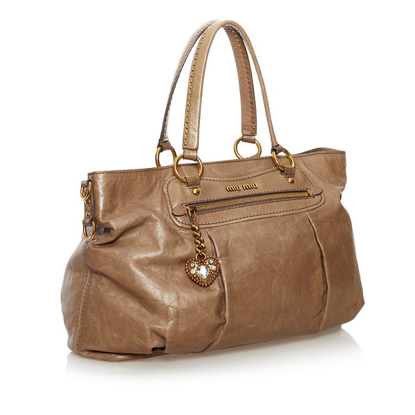 ミュウミュウ スタッズ トートバッグ ベージュ レザー レディース MIUMIU 【中古】