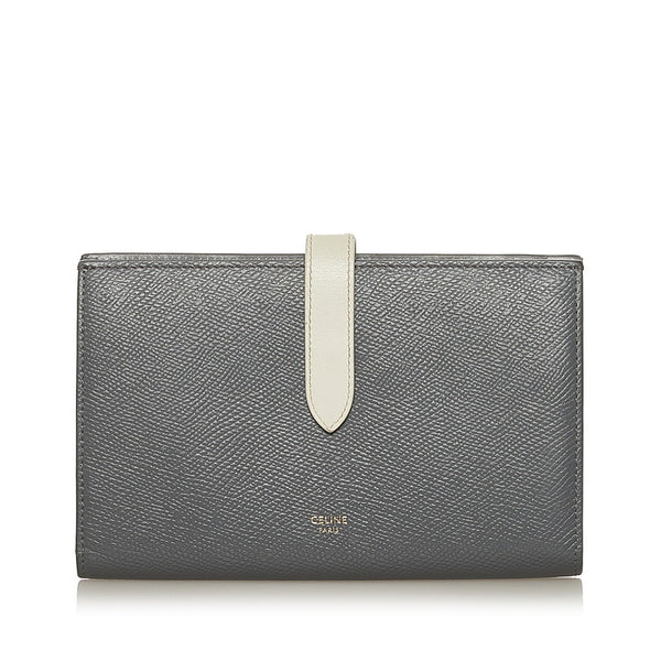 セリーヌ ラージ ストラップウォレット 長財布 グレー ホワイト レザー レディース CELINE 【中古】