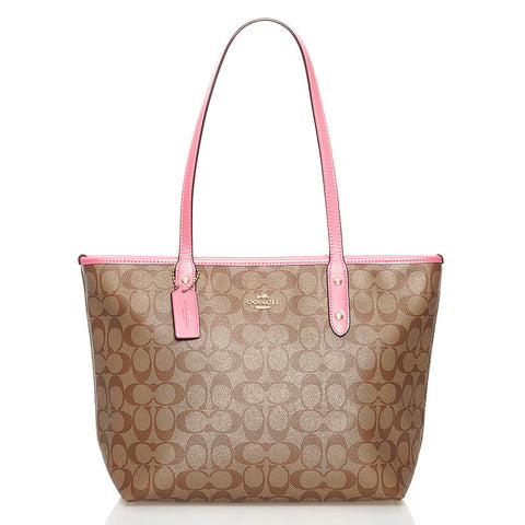 コーチ シグネチャー シティー トートバッグ F58292 ベージュ ピンク PVC レザー レディース COACH 【中古】