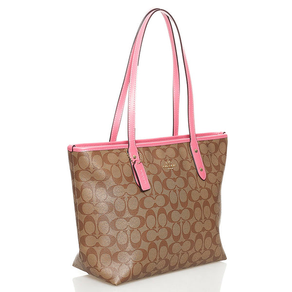 コーチ シグネチャー シティー トートバッグ F58292 ベージュ ピンク PVC レザー レディース COACH 【中古】