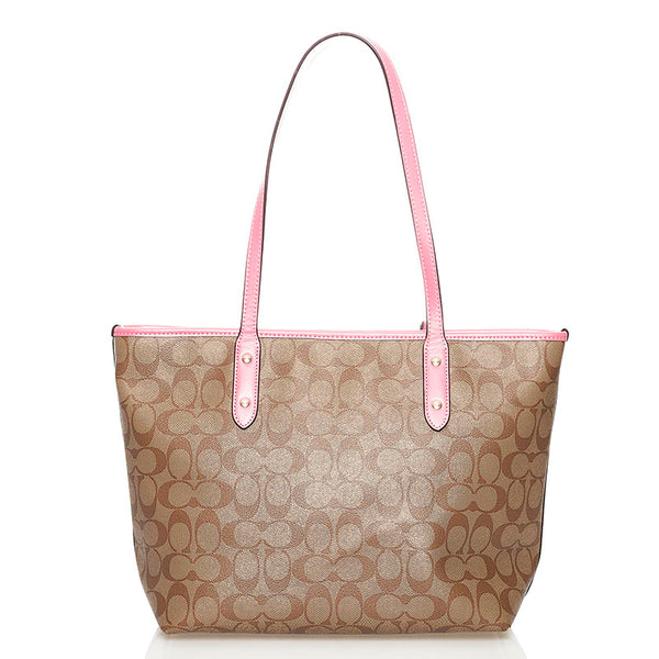 コーチ シグネチャー シティー トートバッグ F58292 ベージュ ピンク PVC レザー レディース COACH 【中古】