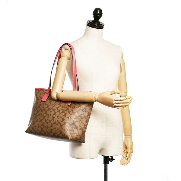 コーチ シグネチャー シティー トートバッグ F58292 ベージュ ピンク PVC レザー レディース COACH 【中古】