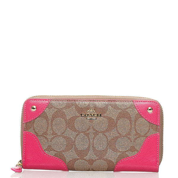 コーチ ラウンドファスナー 長財布 ブラウン ピンク PVC レザー レディース COACH 【中古】