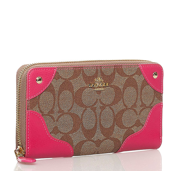 コーチ ラウンドファスナー 長財布 ブラウン ピンク PVC レザー レディース COACH 【中古】