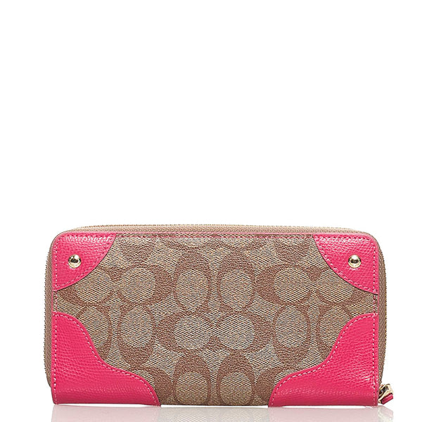 コーチ ラウンドファスナー 長財布 ブラウン ピンク PVC レザー レディース COACH 【中古】