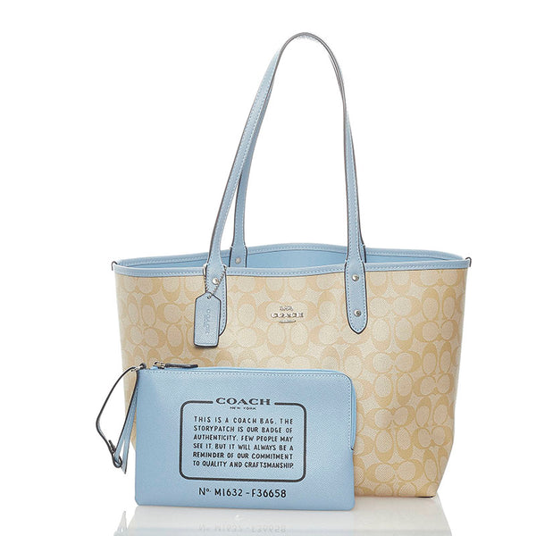 コーチ シグネチャー リバーシブル トートバッグ F36658 ライトブルー ベージュ PVC レディース COACH 【中古】