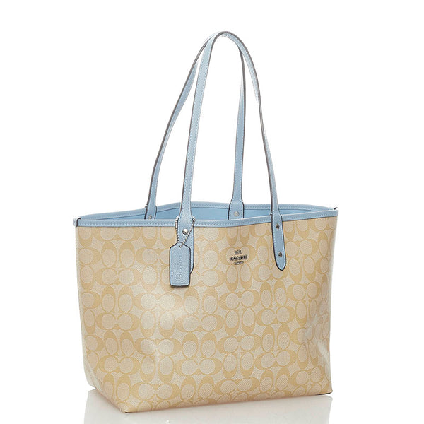 コーチ シグネチャー リバーシブル トートバッグ F36658 ライトブルー ベージュ PVC レディース COACH 【中古】