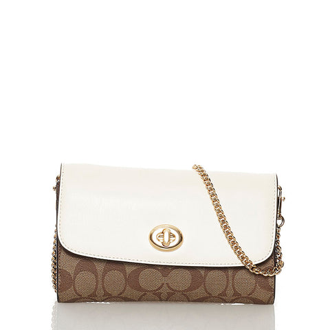 コーチ シグネチャー チェーン ウォレット ベージュ ホワイト PVC レザー レディース COACH 【中古】
