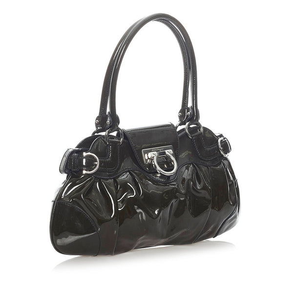 サルヴァトーレフェラガモ ガンチーニ ハンドバッグ AU-21 6317 ブラウン カーキ パテントレザー レディース Salvatore Ferragamo 【中古】