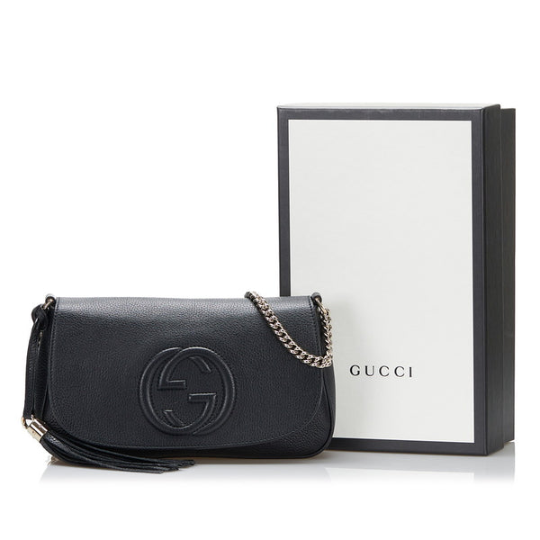 グッチ インターロッキングG フリンジ タッセル チェーン ショルダーバッグ 535224 ブラック レザー レディース GUCCI 【中古】