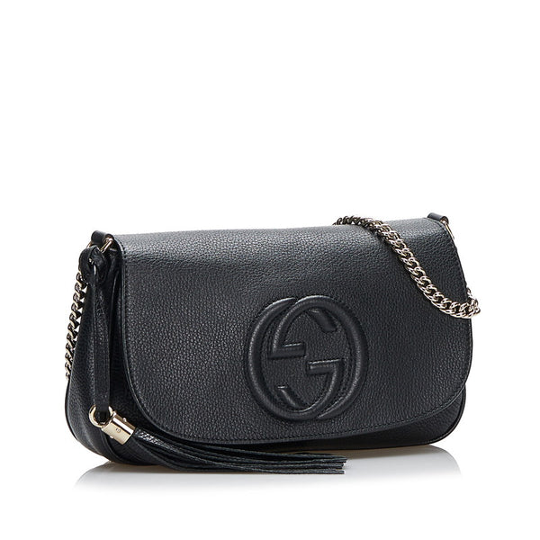 グッチ インターロッキングG フリンジ タッセル チェーン ショルダーバッグ 535224 ブラック レザー レディース GUCCI 【中古】