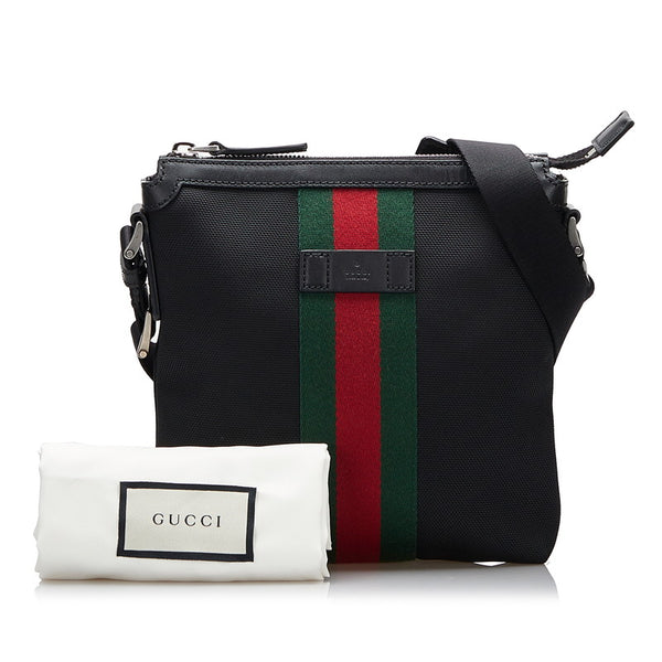 グッチ シェリーライン メッセンジャー 斜め掛け ショルダーバッグ 631195 ブラック キャンバス レザー レディース GUCCI 【中古】