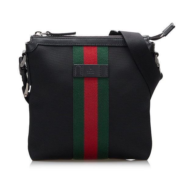 グッチ シェリーライン メッセンジャー 斜め掛け ショルダーバッグ 631195 ブラック キャンバス レザー レディース GUCCI 【中古】