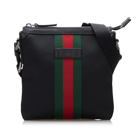 グッチ シェリーライン メッセンジャー 斜め掛け ショルダーバッグ 631195 ブラック キャンバス レザー レディース GUCCI 【中古】