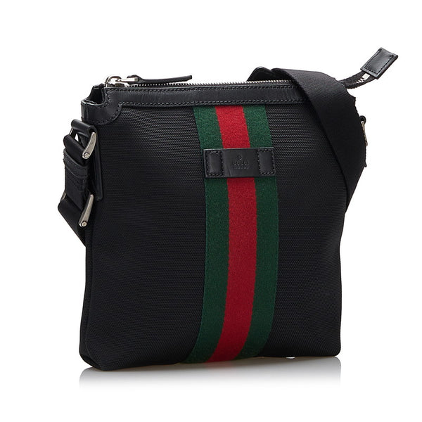 グッチ シェリーライン メッセンジャー 斜め掛け ショルダーバッグ 631195 ブラック キャンバス レザー レディース GUCCI 【中古】