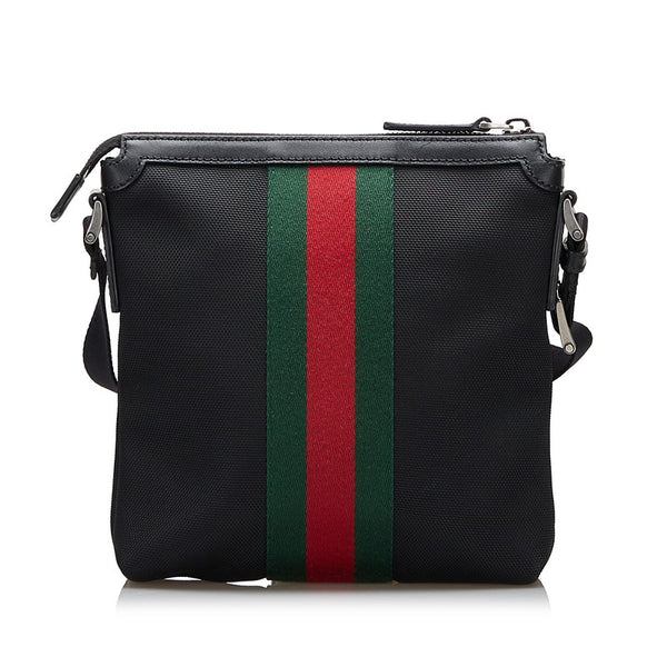 グッチ シェリーライン メッセンジャー 斜め掛け ショルダーバッグ 631195 ブラック キャンバス レザー レディース GUCCI 【中古】